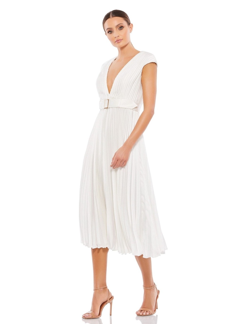 Mac Duggal Pleated Cap Sleeve Belted A Line Dress NWT size 4 White (26483)